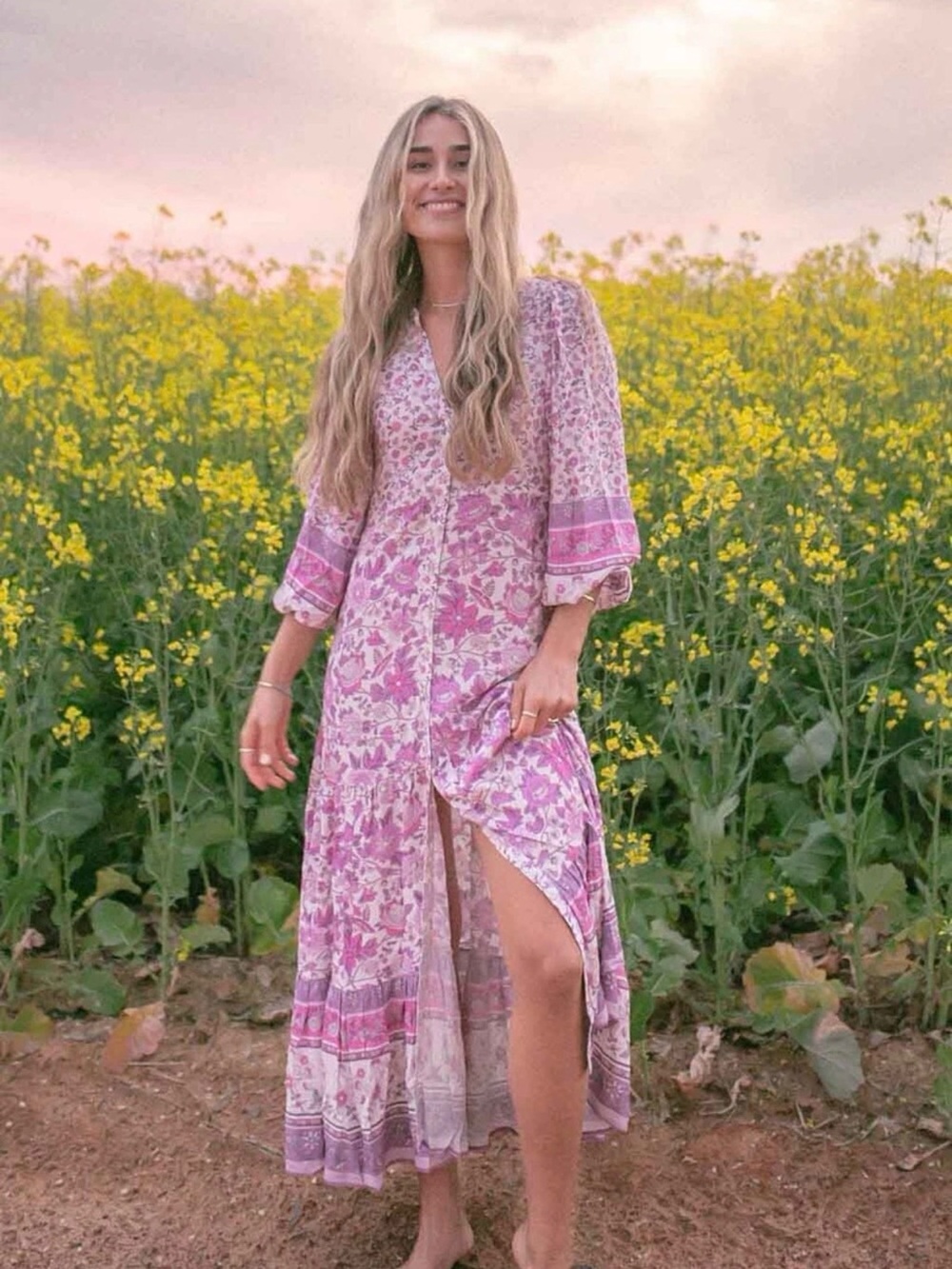 Spell & The Gypsy Collective Mossy Button Through Gown in lilac pink